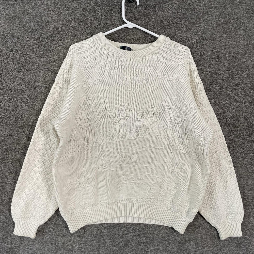 Northern Reflections Sweater Womens L White Nature Bird Pullover Knit Tree Scene